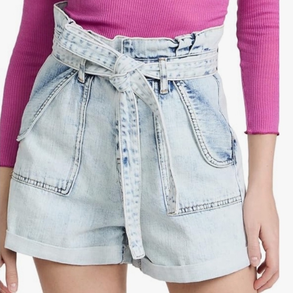 Blank NYC Blue Denim Paperbag High-Waisted Belted Shorts Size Various